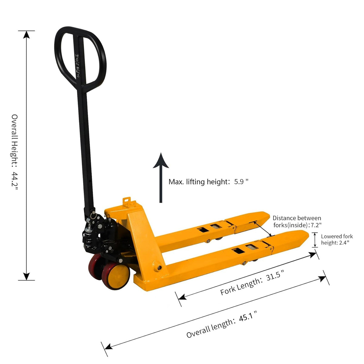 Yellow manual pallet jack with black handle and orange wheels, extended forks