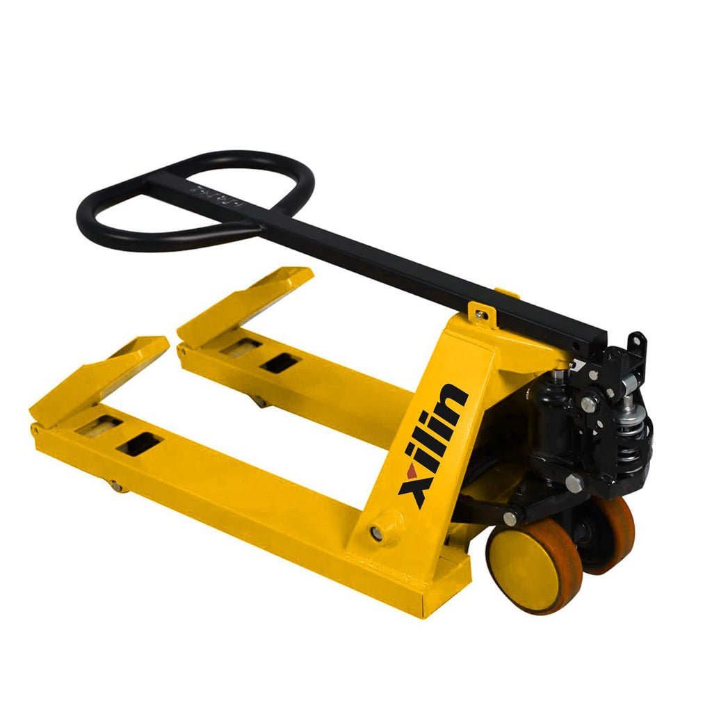 Yellow manual pallet jack with black handle, black pump, and dual fork openings
