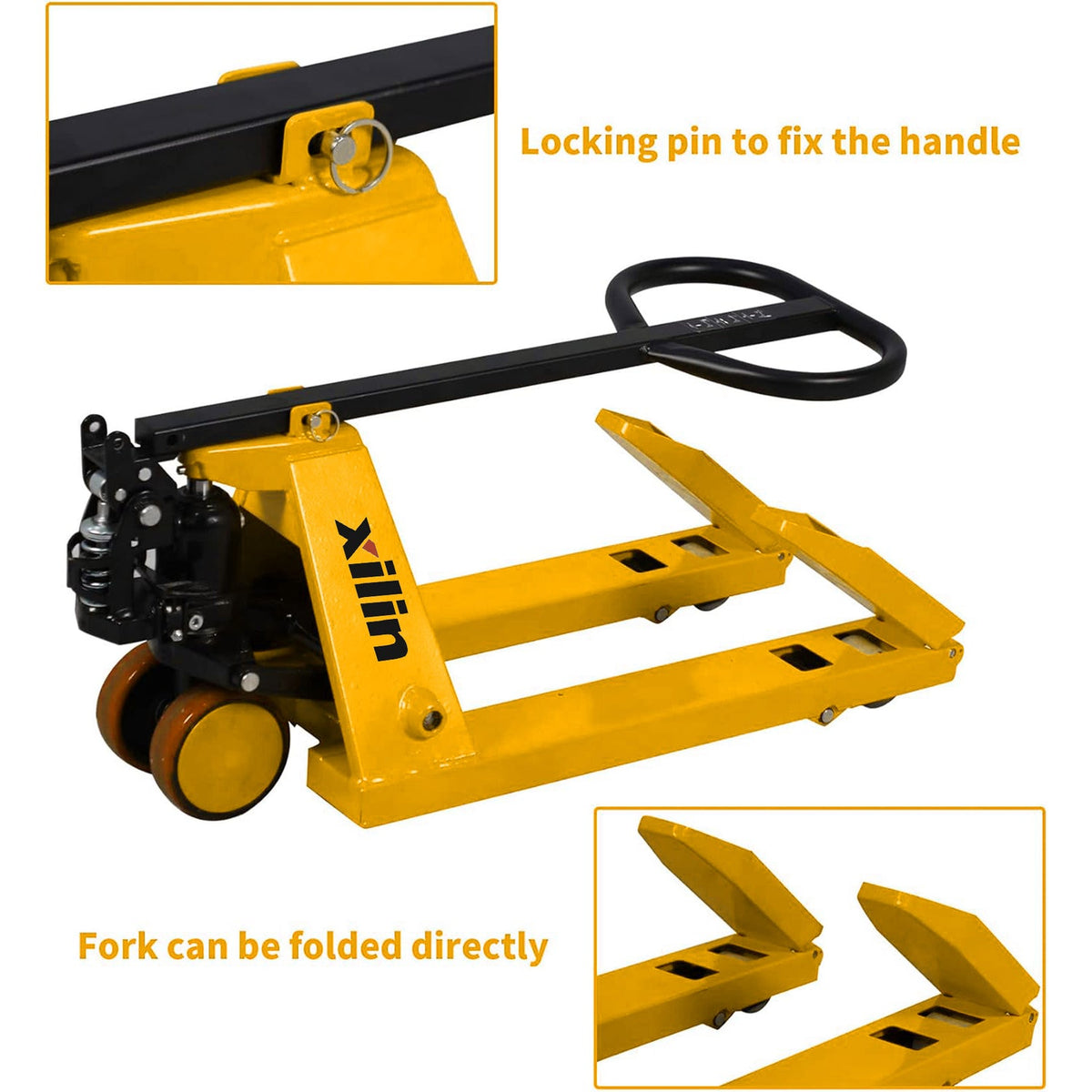 Manual pallet jack with locking pin and folded forks, yellow frame and black handle