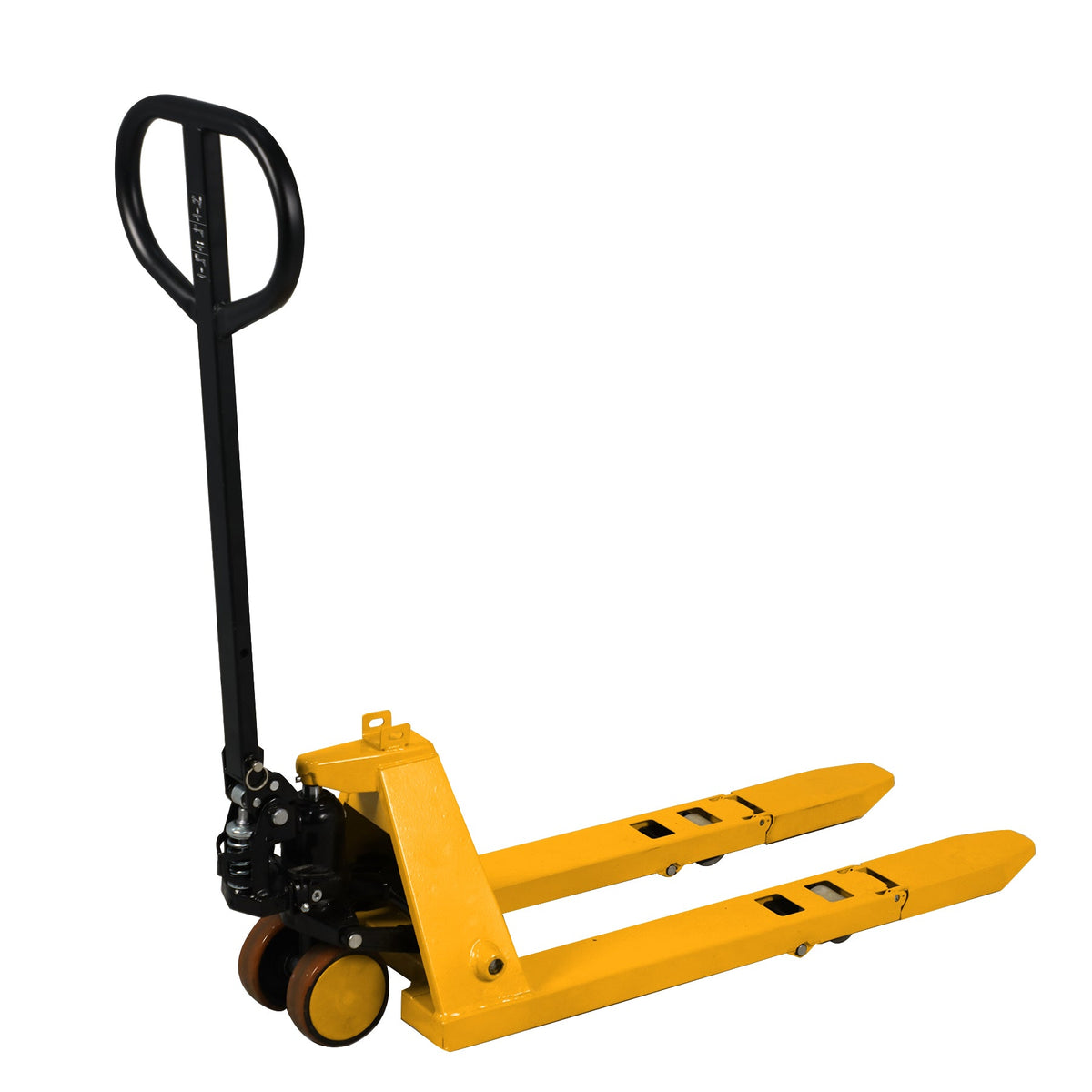 Yellow manual pallet jack with black lift handle and dual front rollers