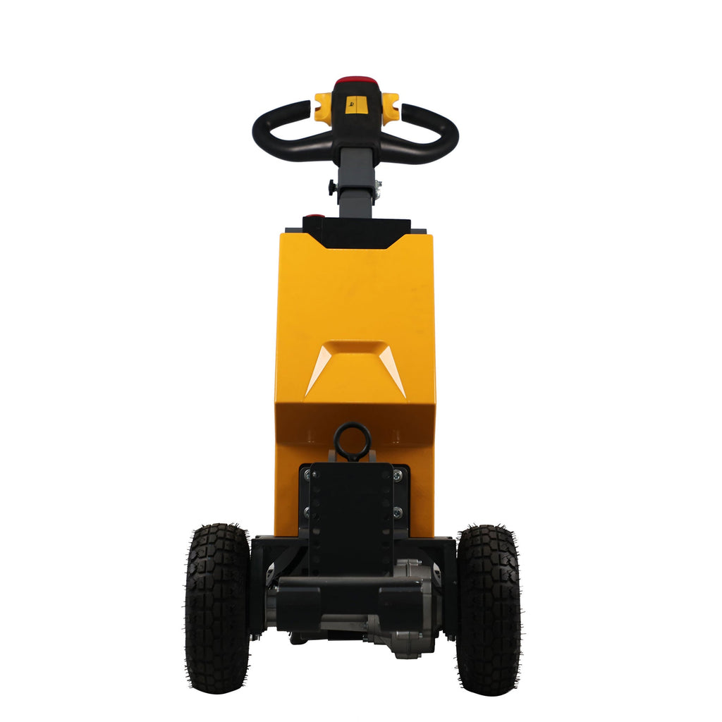 Yellow and black wheeled tugger with handle and two front wheels