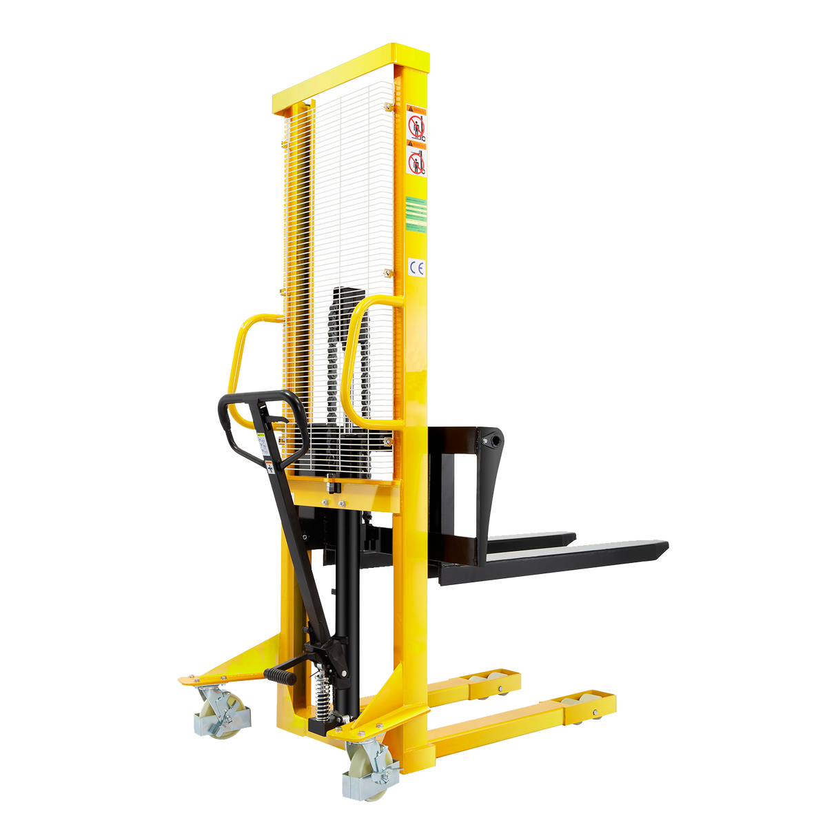 Manual pallet stacker with yellow frame, black handle, and fork tips