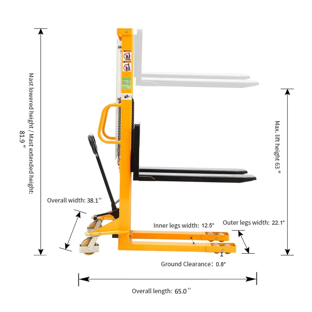 Pallet stacker dimension diagram with orange mast and fork measurements