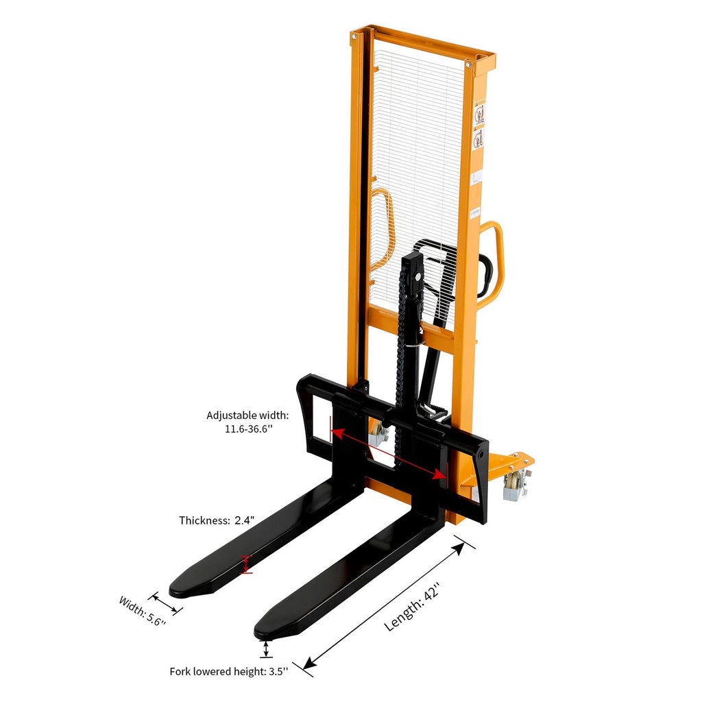 Orange manual pallet stacker with raised mast and black adjustable forks