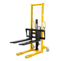 Manual pallet stacker with yellow frame and black forks, raised for loading