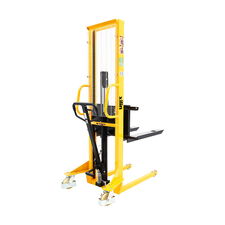 Manual pallet stacker with black forks, yellow frame, lifting mast, and safety handle