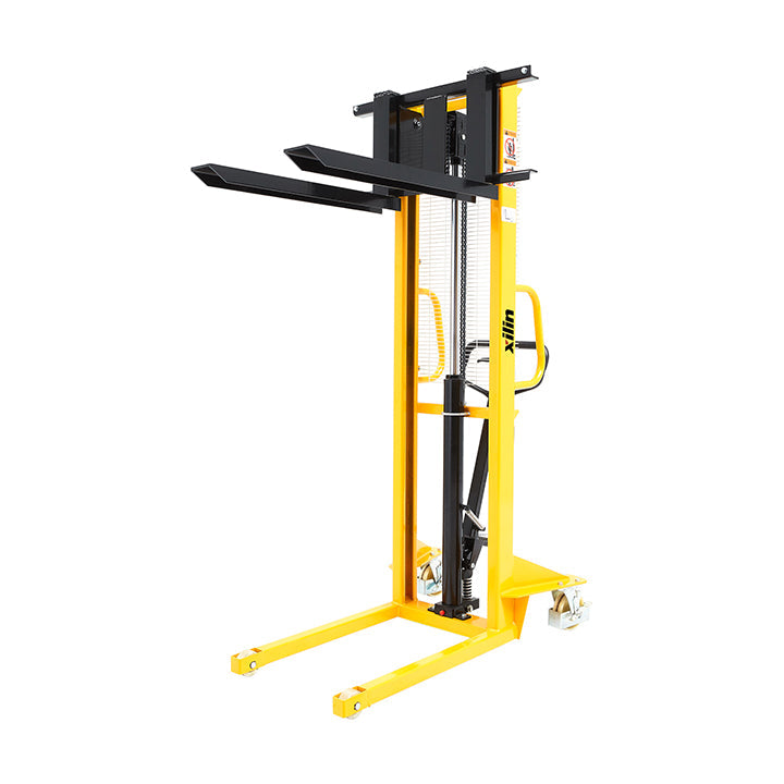 Manual pallet stacker with raised long black forks, yellow mast, and base wheels