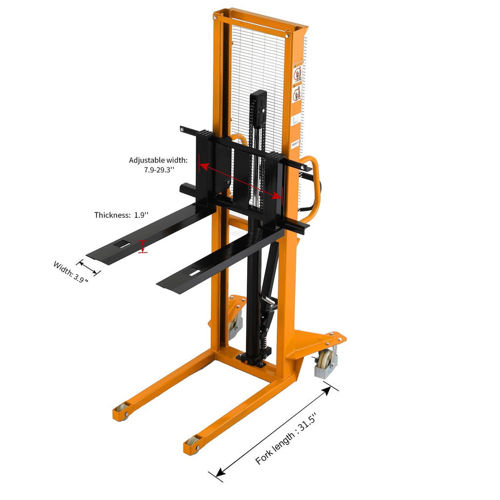 Pallet stacker diagram with labeled fork width, thickness, and adjustable height