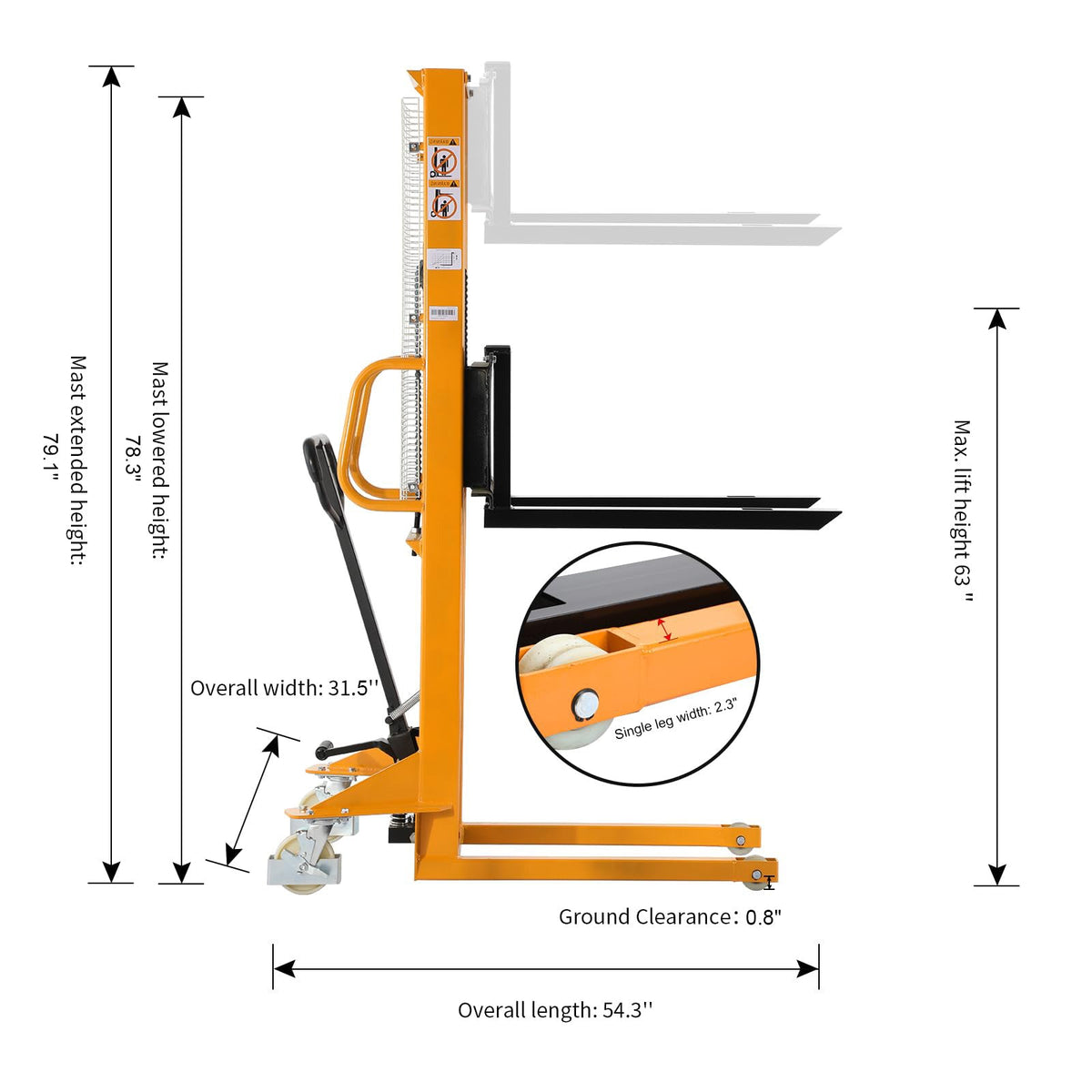 Pallet stacker dimension diagram showing overall length, width, and ground clearance