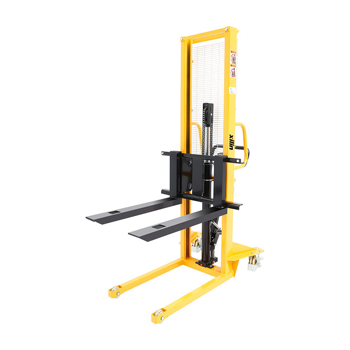 Manual pallet stacker with yellow mast and black forks, 1100 lb capacity