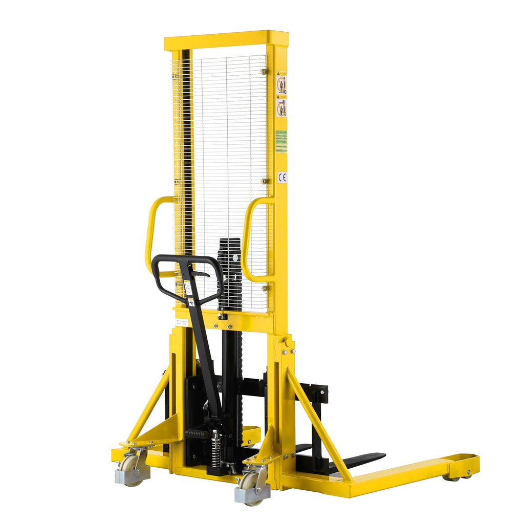 Manual pallet stacker with yellow lift mast, black handle and extended forks