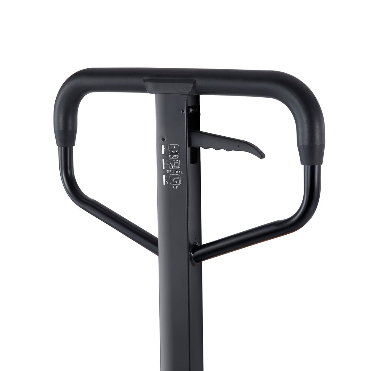 Manual pallet stacker handle with black control lever and gray label panel