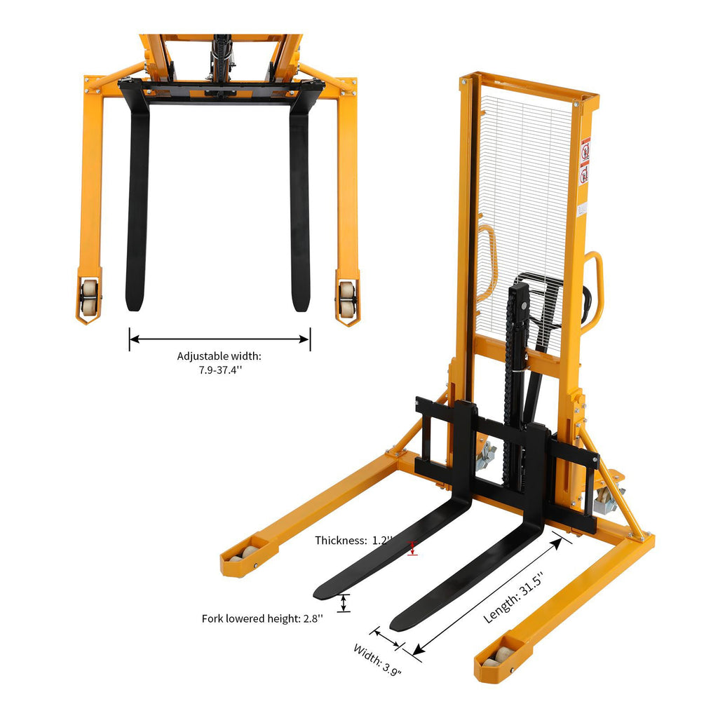 Manual pallet stacker with wide forks, black frame, and yellow lift mast