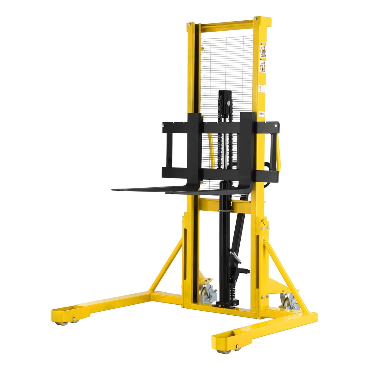 Yellow manual pallet stacker with black forks and handle, raised platform