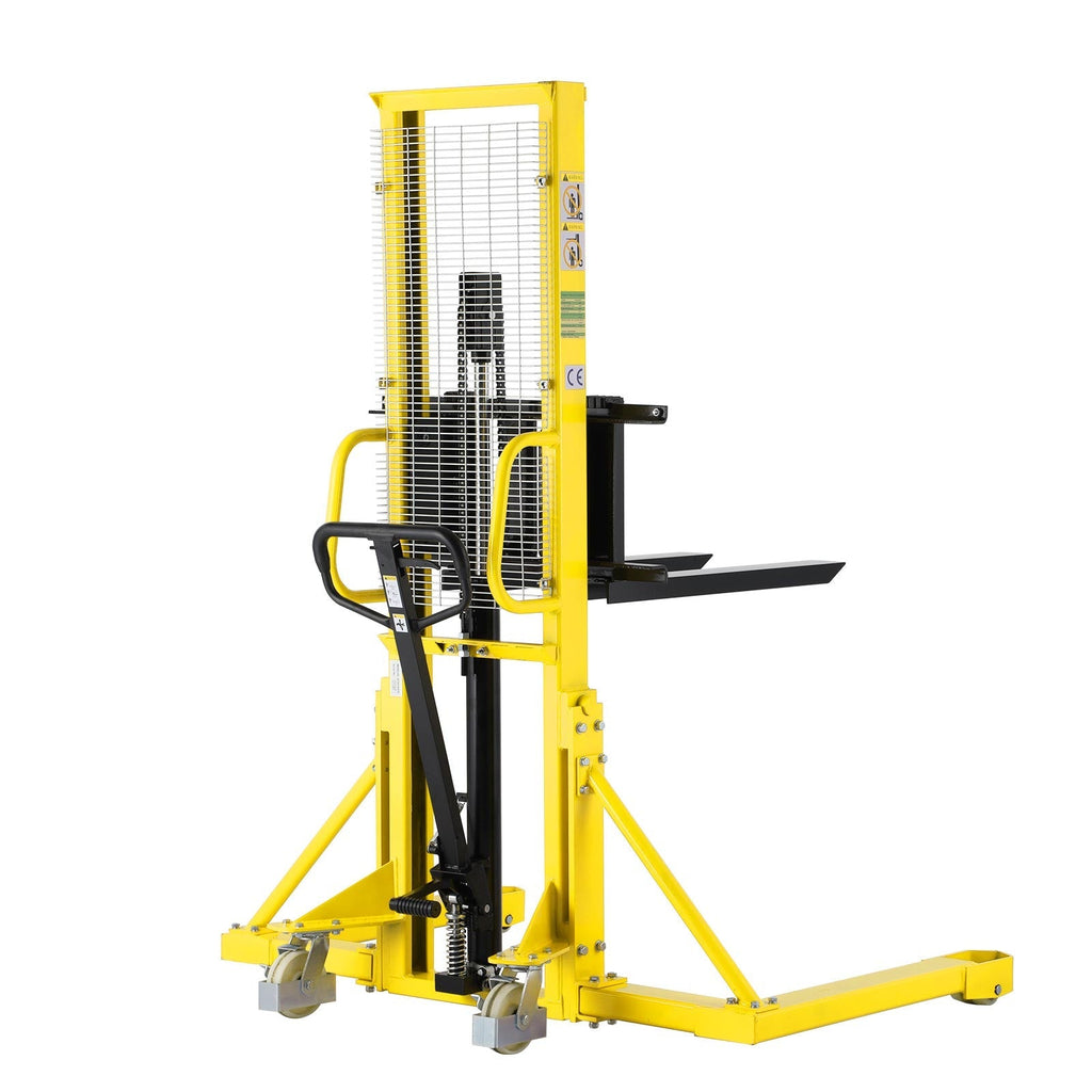 Yellow manual pallet stacker with black forks and rear support frame