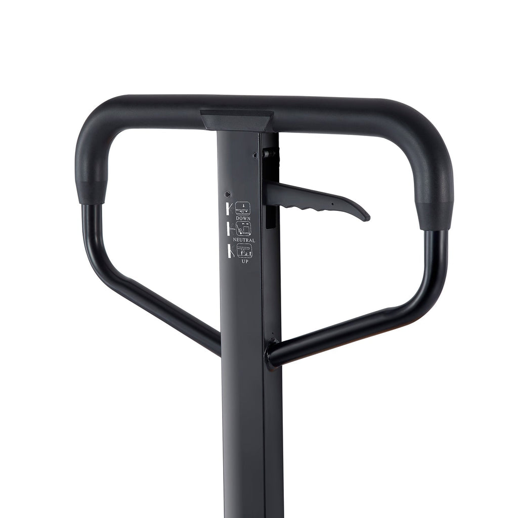 Black handle assembly with release lever on manual pallet stacker