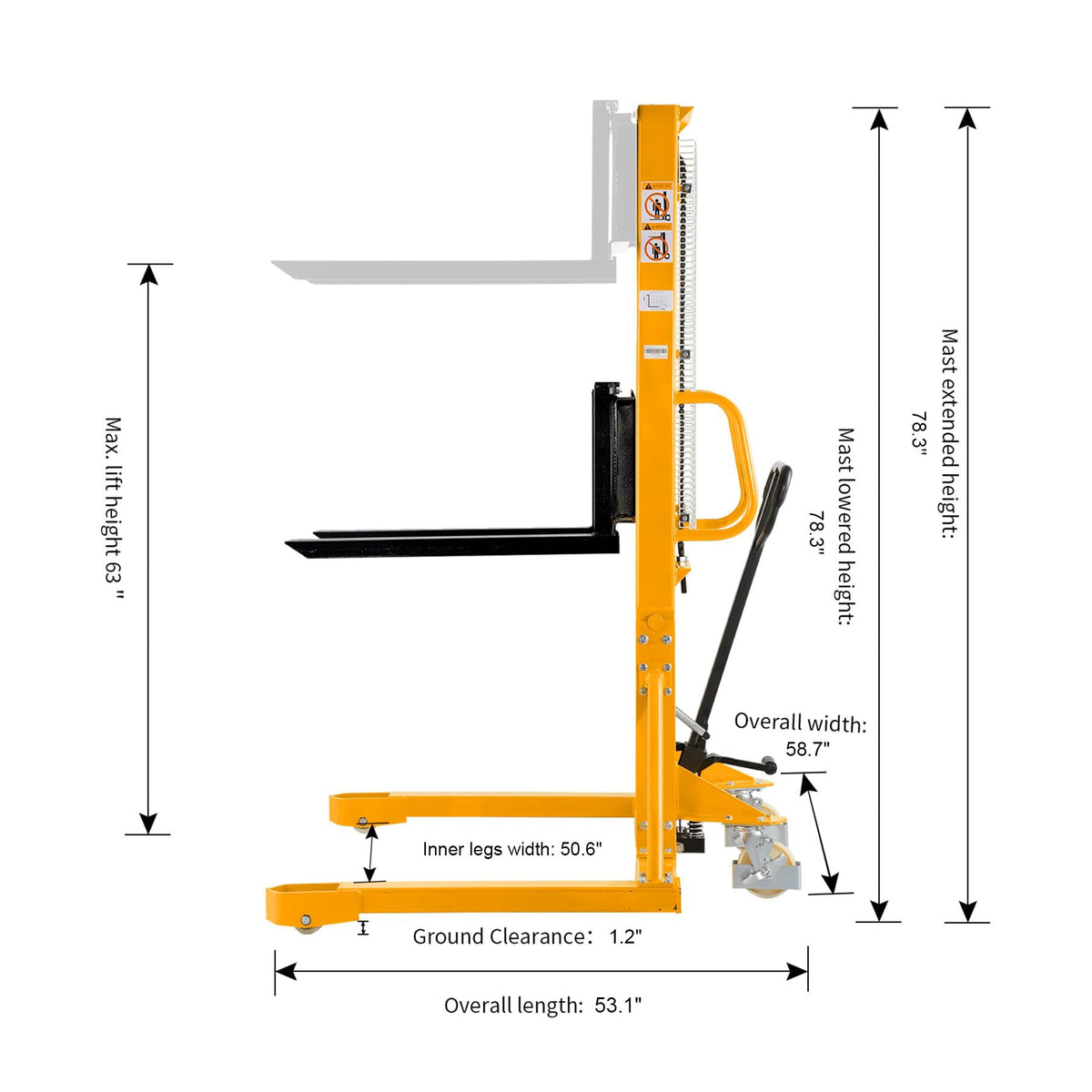 Manual pallet stacker side view with labeled lift height and dimensions