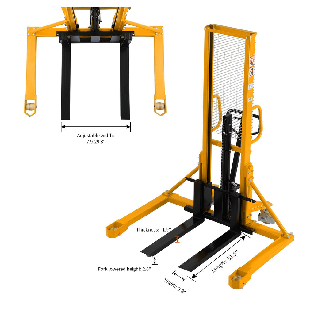 Yellow pallet stacker with adjustable forks and dimension arrows on frame