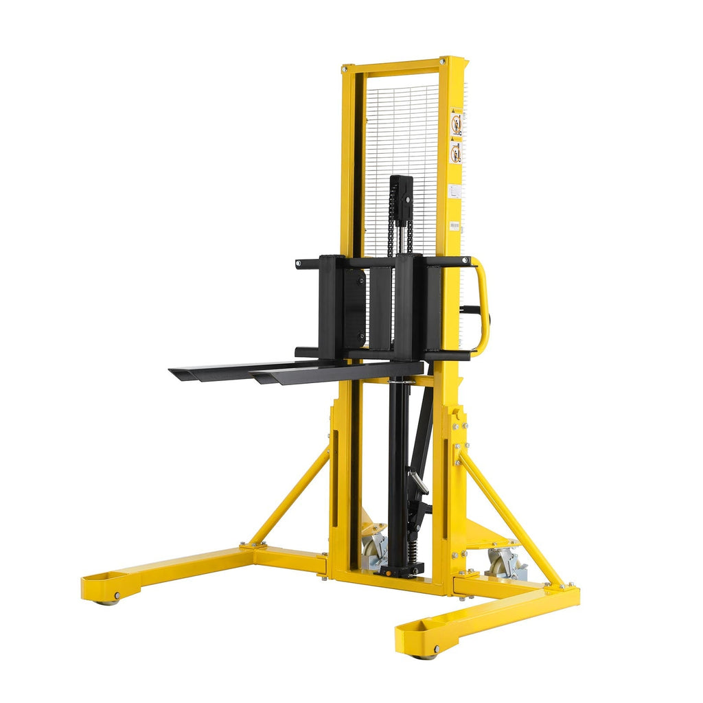 Manual pallet stacker with yellow frame, black lift forks and control column