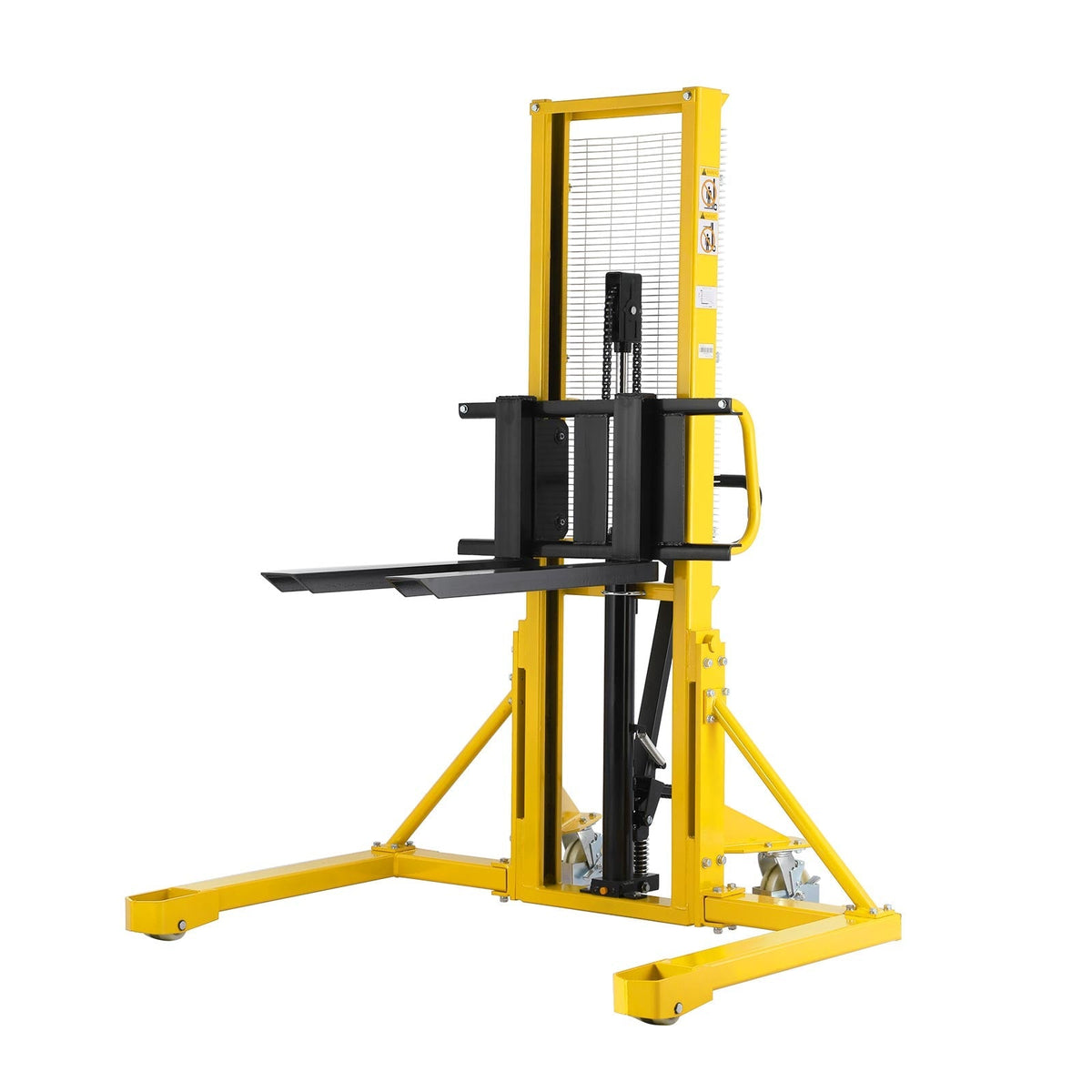 Manual pallet stacker with yellow frame, black lift forks and control column