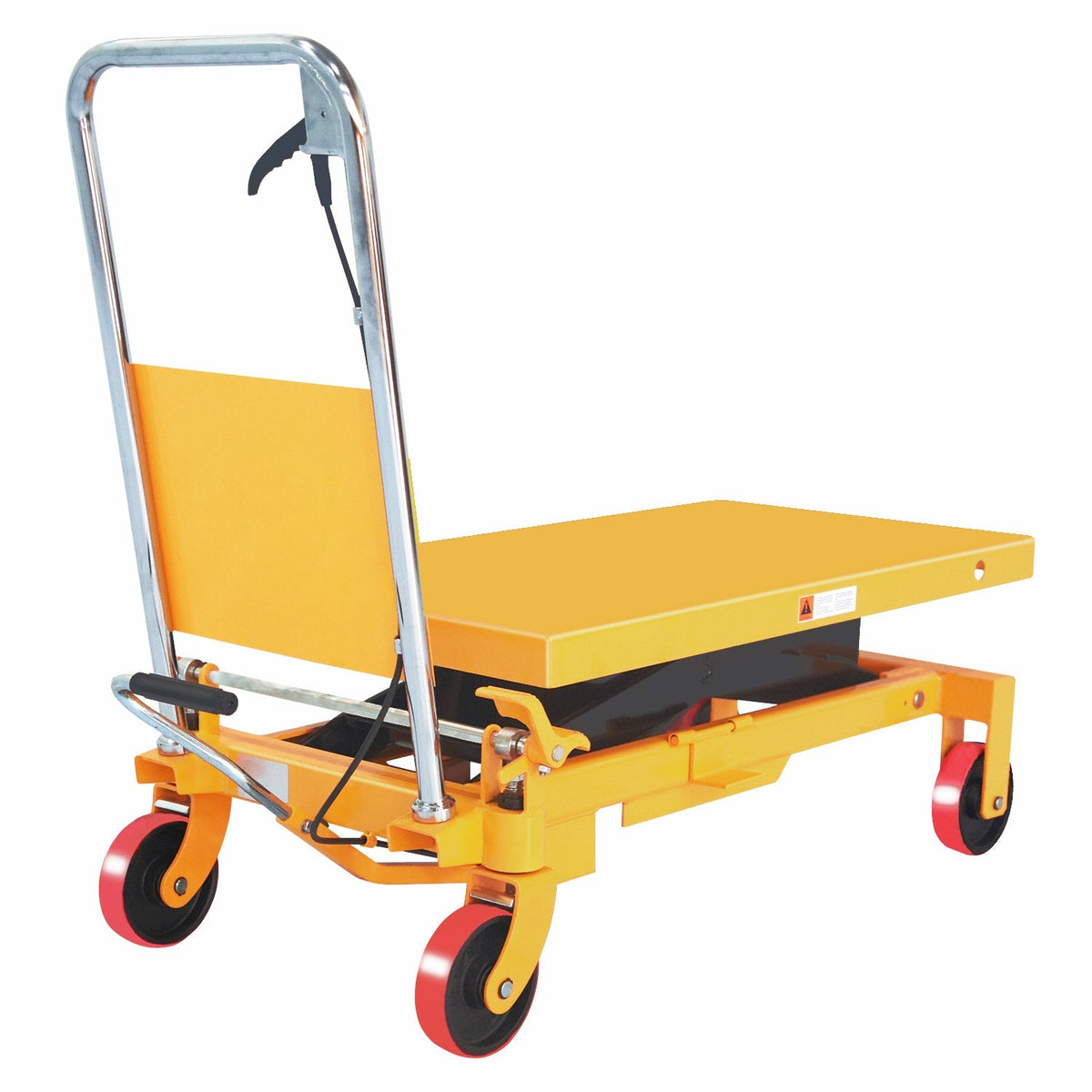 Yellow hydraulic lift table with chrome handle and four red caster wheels