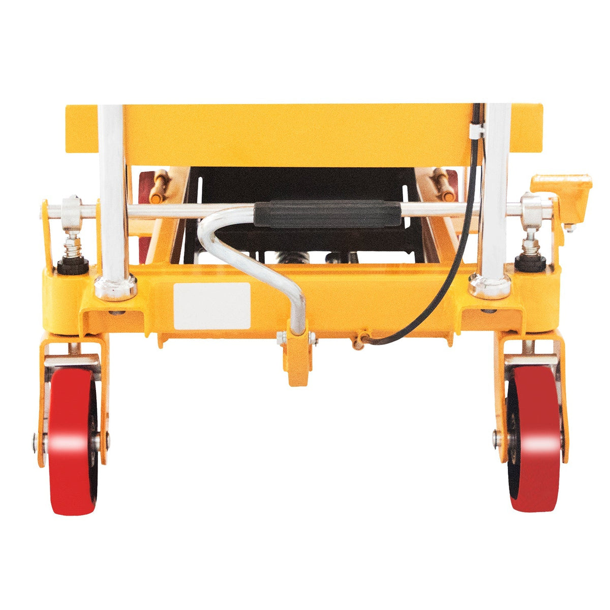 Yellow platform lift table underside with hydraulic components and four caster wheels