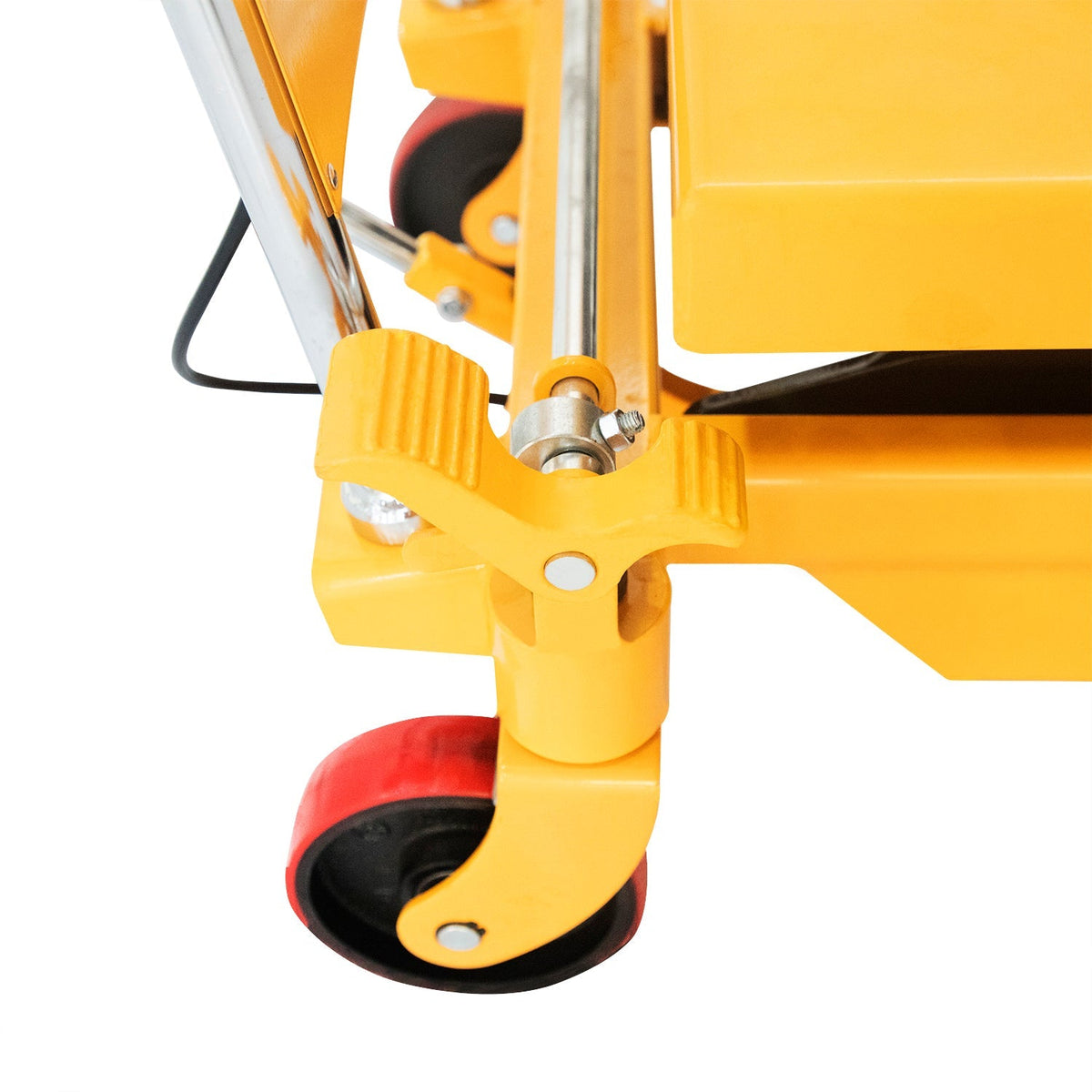 Yellow lift table caster wheel with black tire and metal mounting bracket