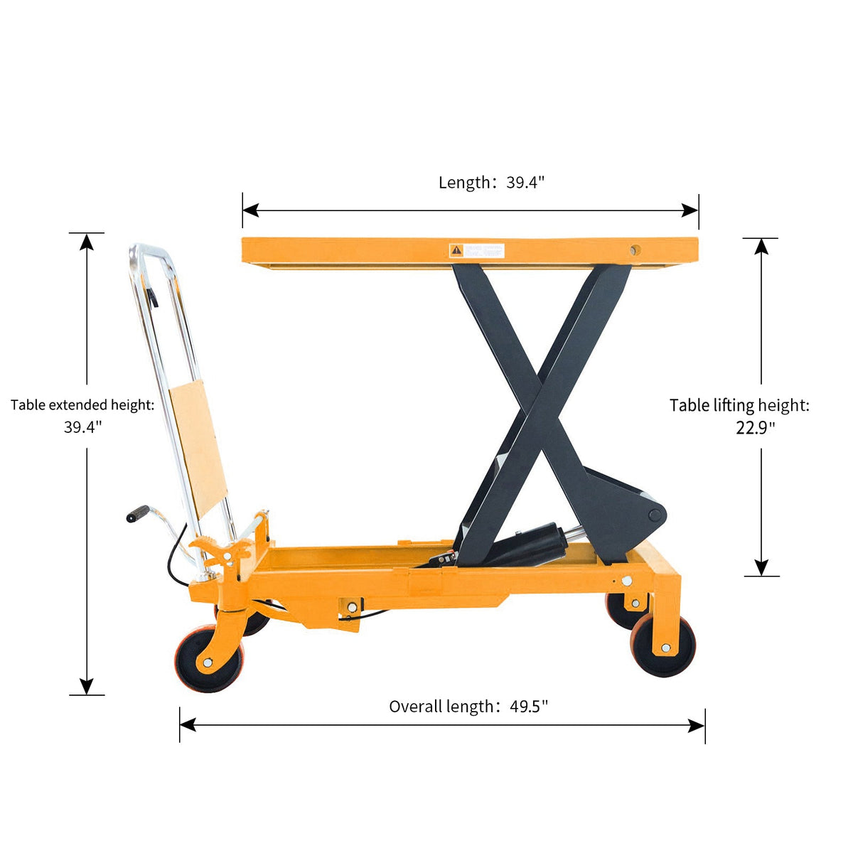 Orange lift table dimension diagram showing scissor lift and overall measurements