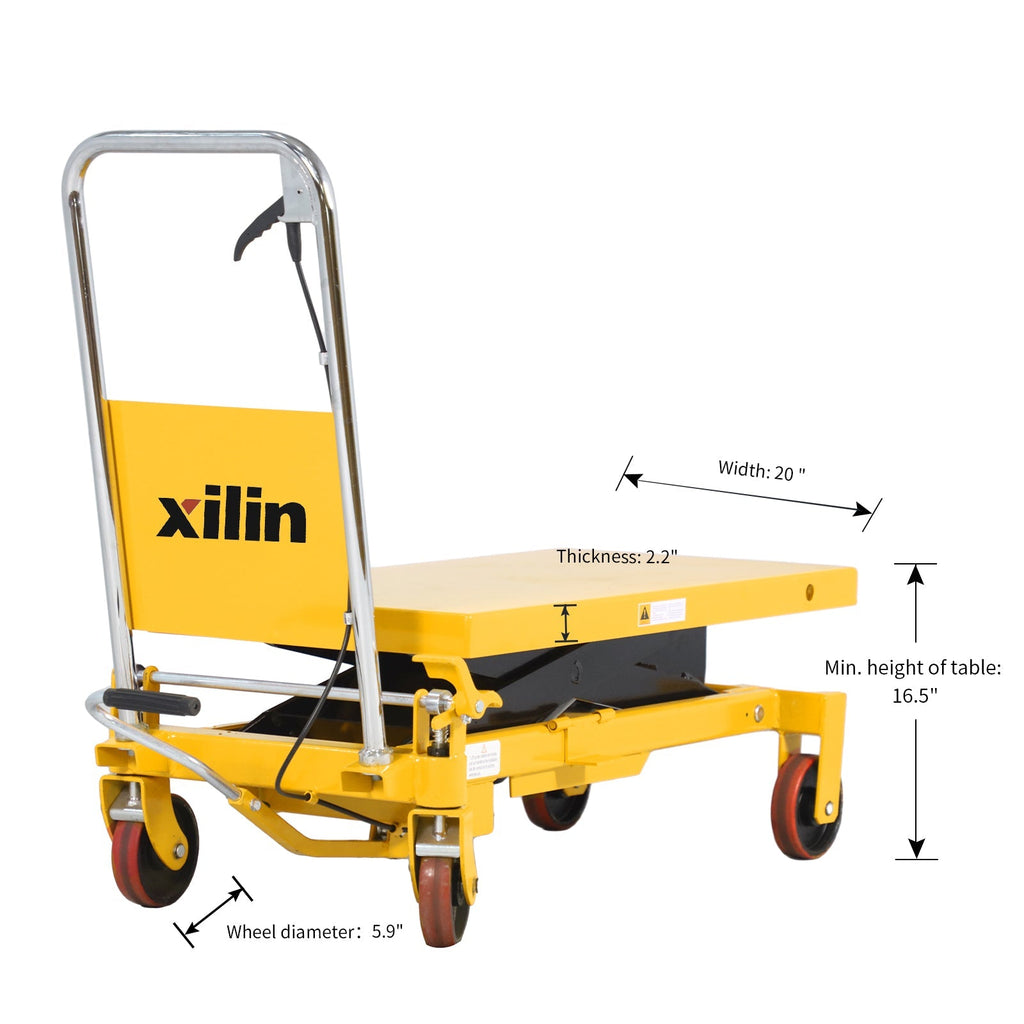 Yellow lift table with xilin logo, chrome handle, and red caster wheels