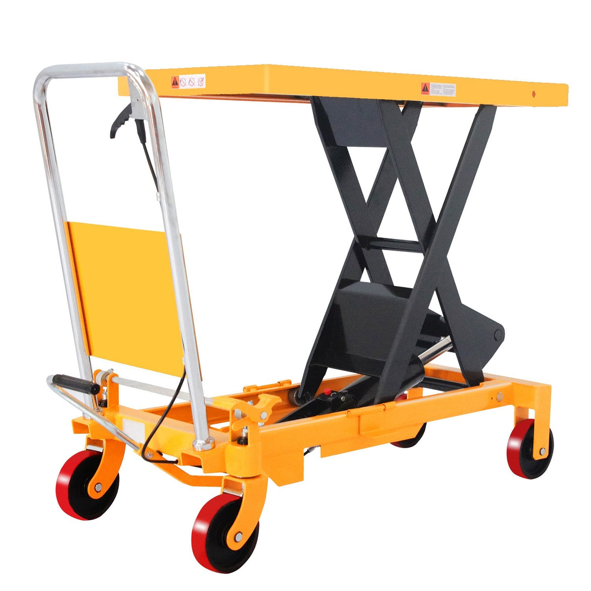 Orange lift table with black scissor mechanism and red caster wheels