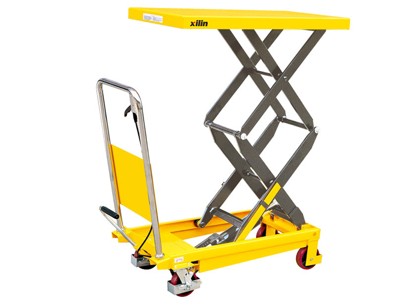 Xilin SPS150 scissor lift table with yellow platform, safety latch, and four caster wheels