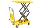 Yellow scissor lift table with platform, handle, and caster wheels