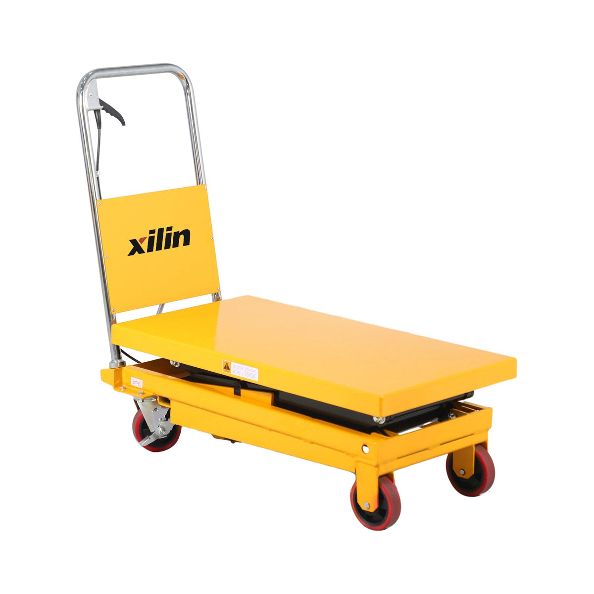 Yellow scissor lift table with platform, chrome handle, and red caster wheels