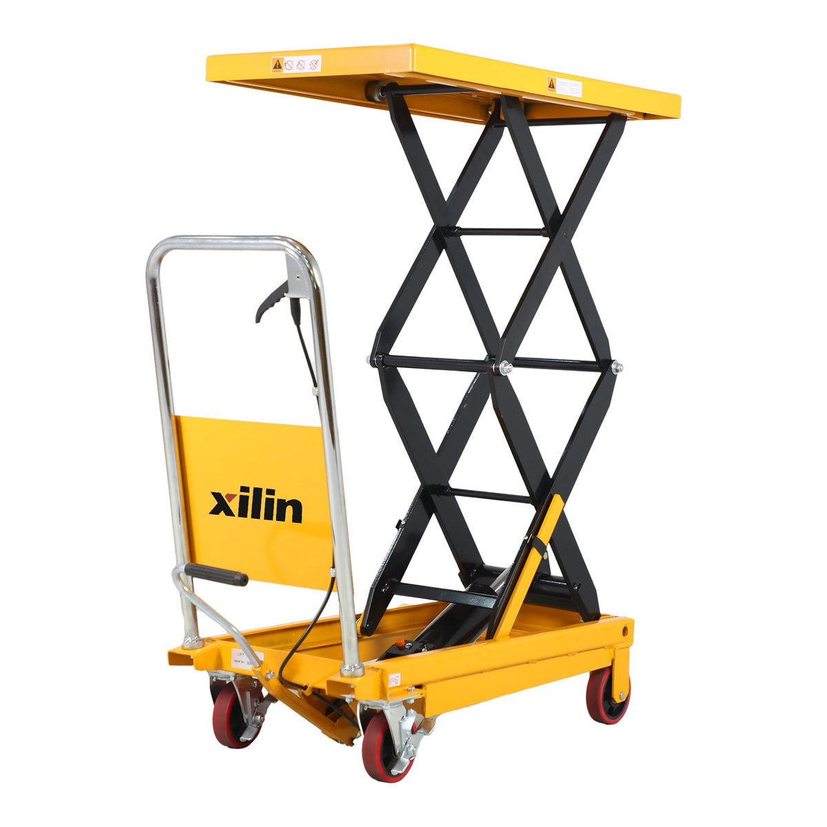 Yellow scissor lift table with scissor frame, chrome handle, and red caster wheels