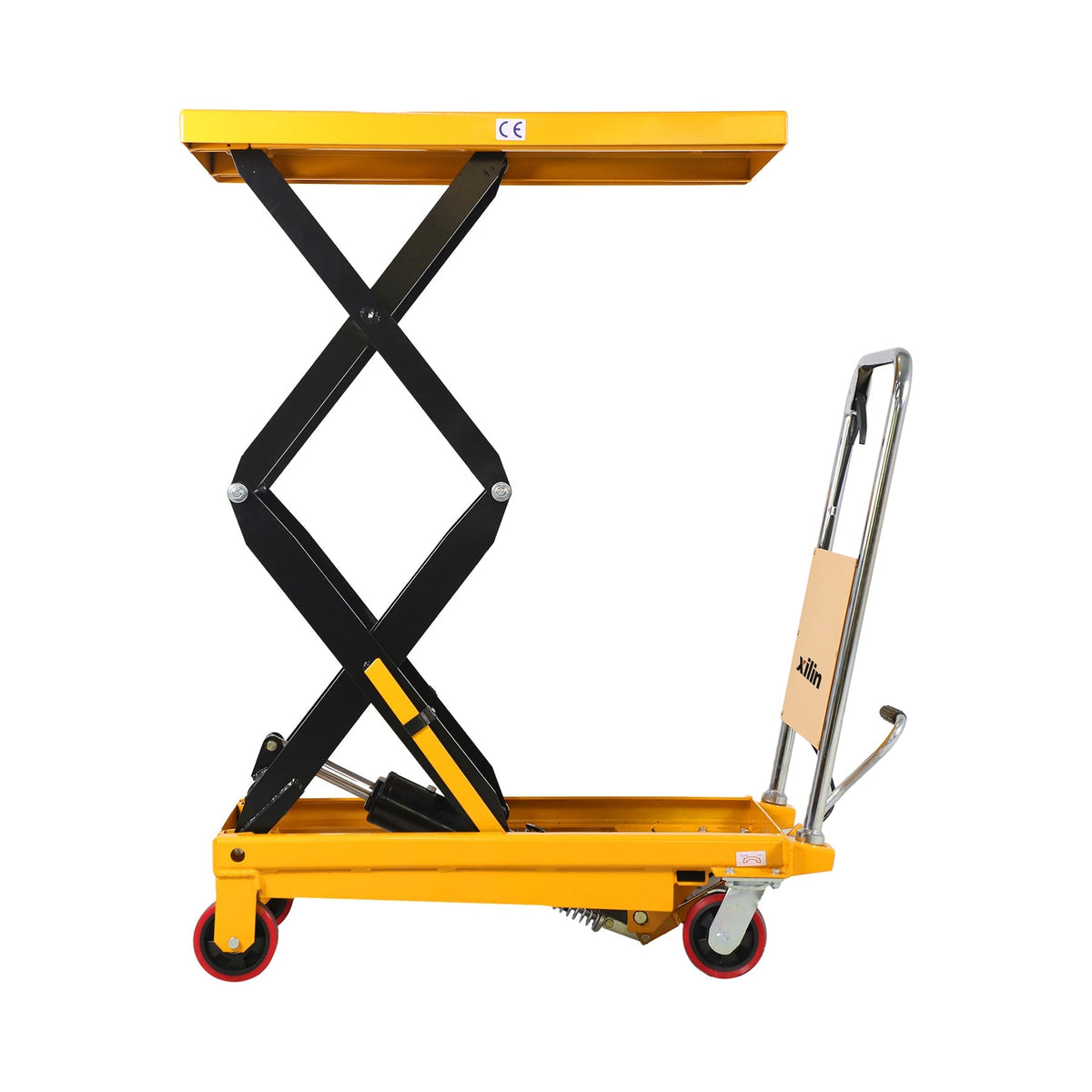 Yellow scissor lift table with raised platform, chrome handle, and red caster wheels