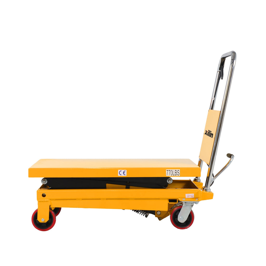 Yellow scissor lift table base with long platform, chrome handle, and red caster wheels