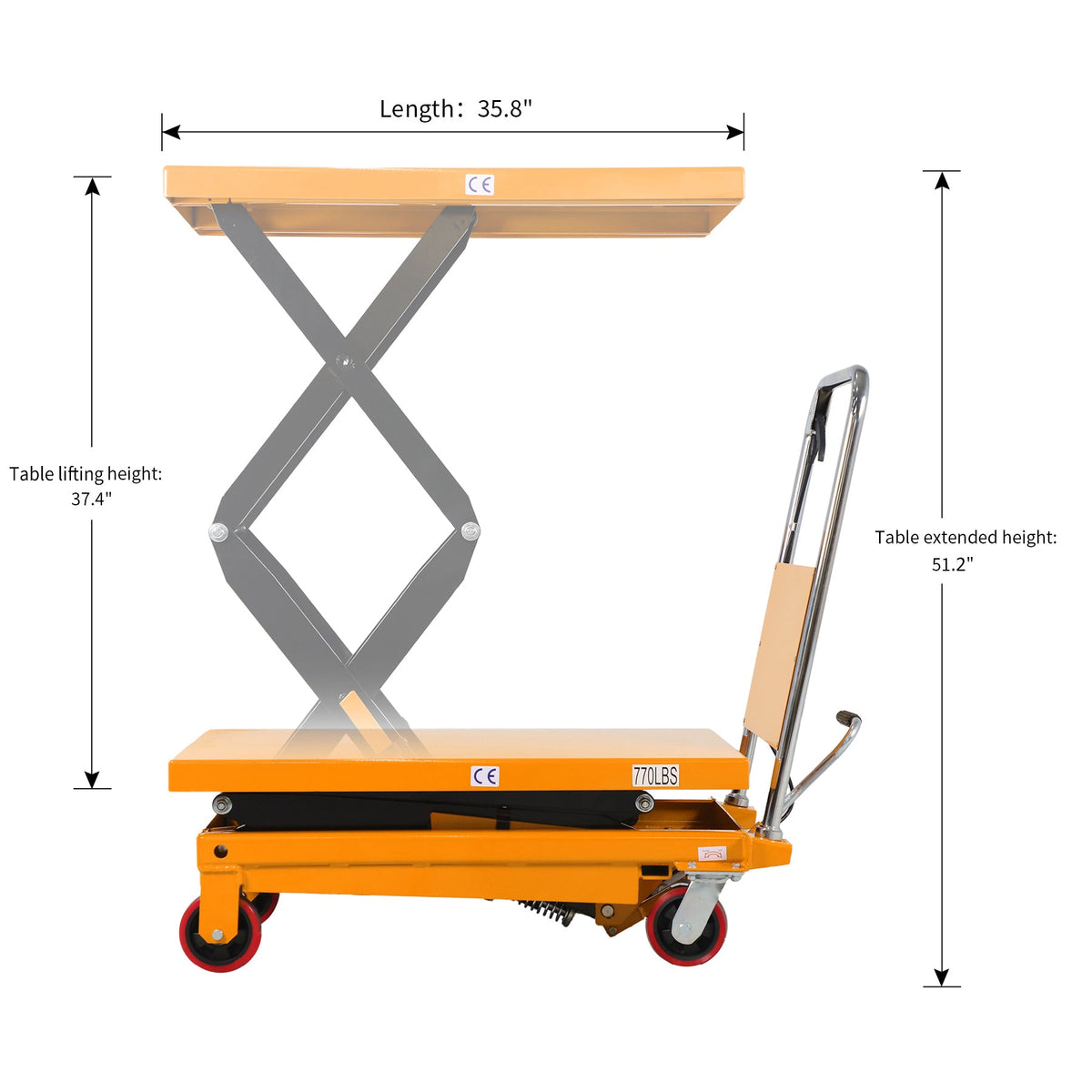 Yellow scissor lift table diagram with length, lift height, and extended height labels