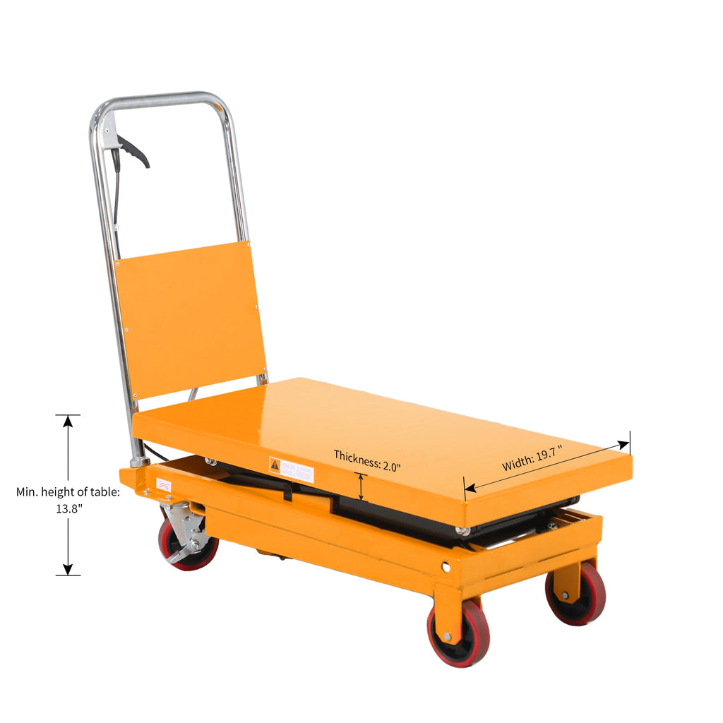 Yellow scissor lift table at minimum height with chrome handle and red caster wheels