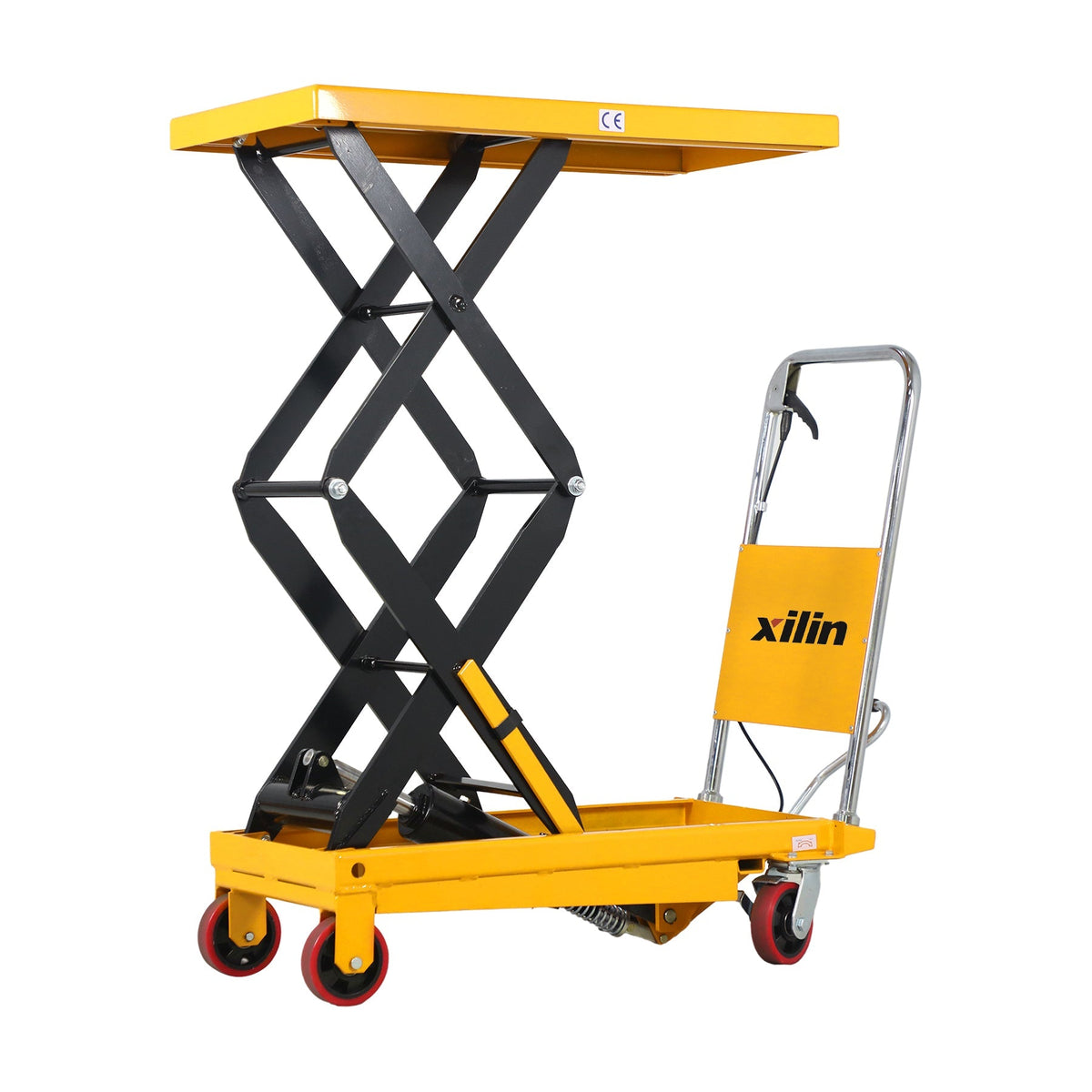 Xilin scissor lift table with yellow platform, black legs, and four caster wheels