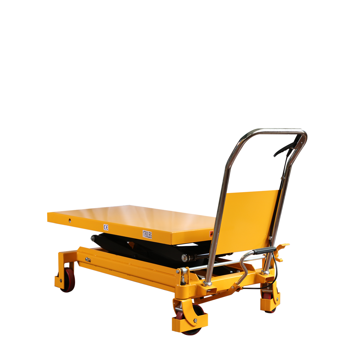 Xilin lift table with orange scissor lift base, stainless handle, four caster wheels
