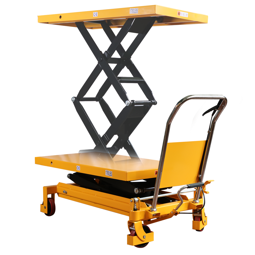 Orange scissor lift table with raised platform, dark support arms, stainless handle