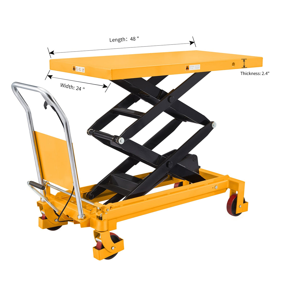 Orange lift table with 48 in length, 24 in width, 2.4 in thick platform