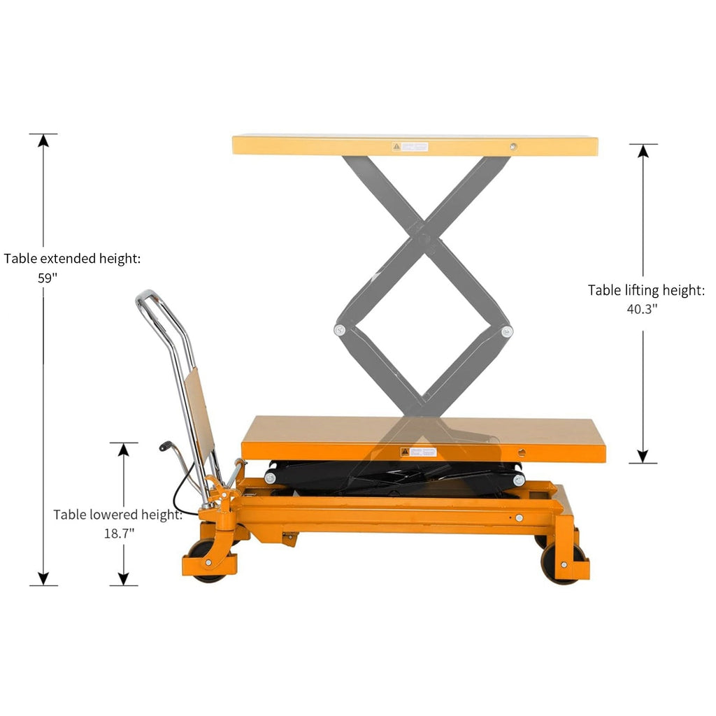 Lift table height diagram: 59 in extended, 40.3 in lifting, 18.7 in lowered
