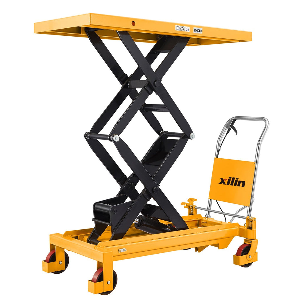 Yellow hydraulic scissor lift table with raised platform and caster wheels