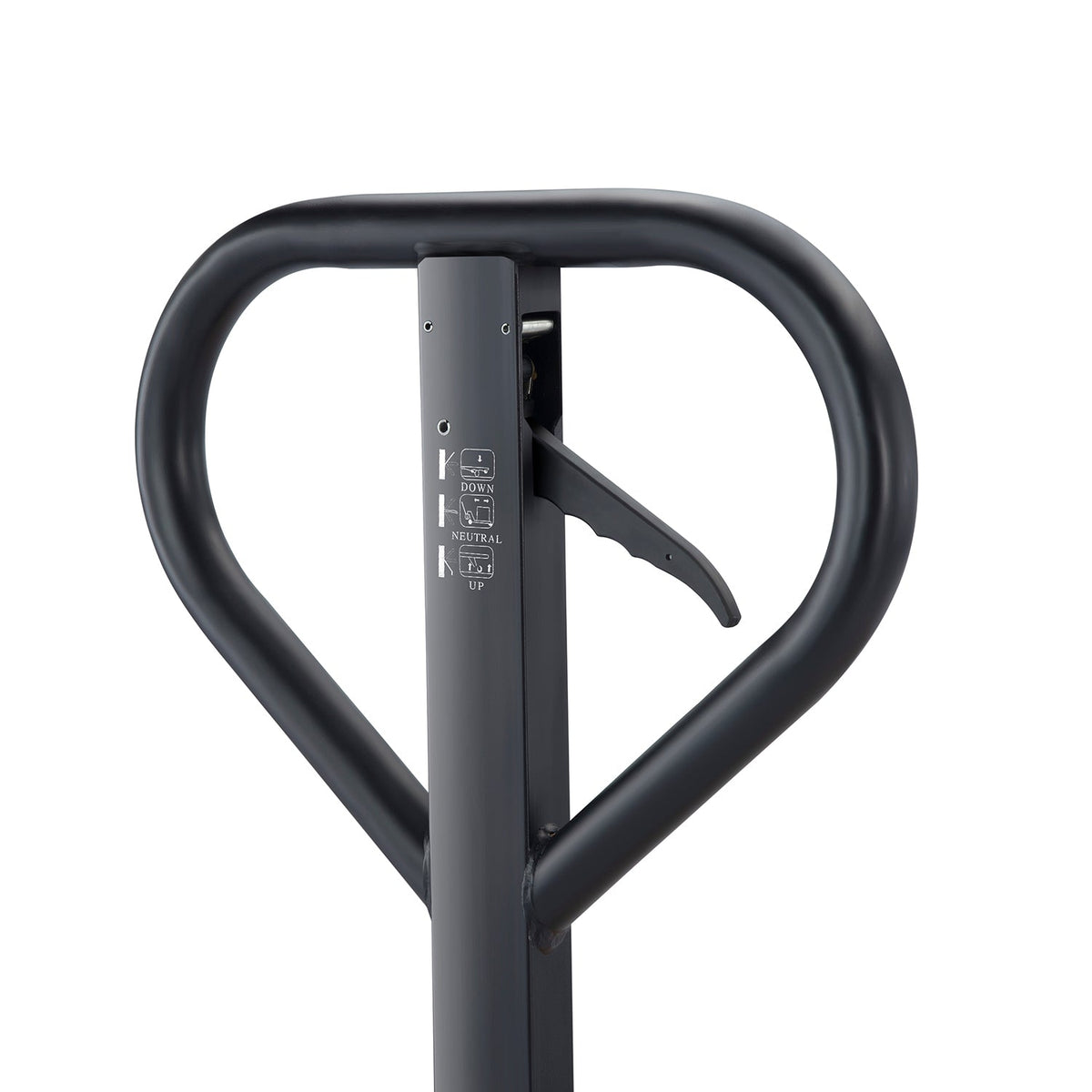 Manual pallet jack handle with lift lever and control label, black