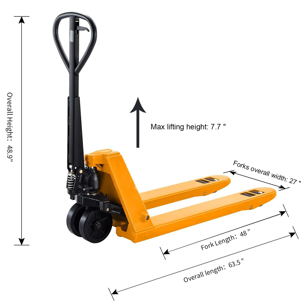 Orange manual pallet jack with forks and wheels, shown with lifting and length dimensions