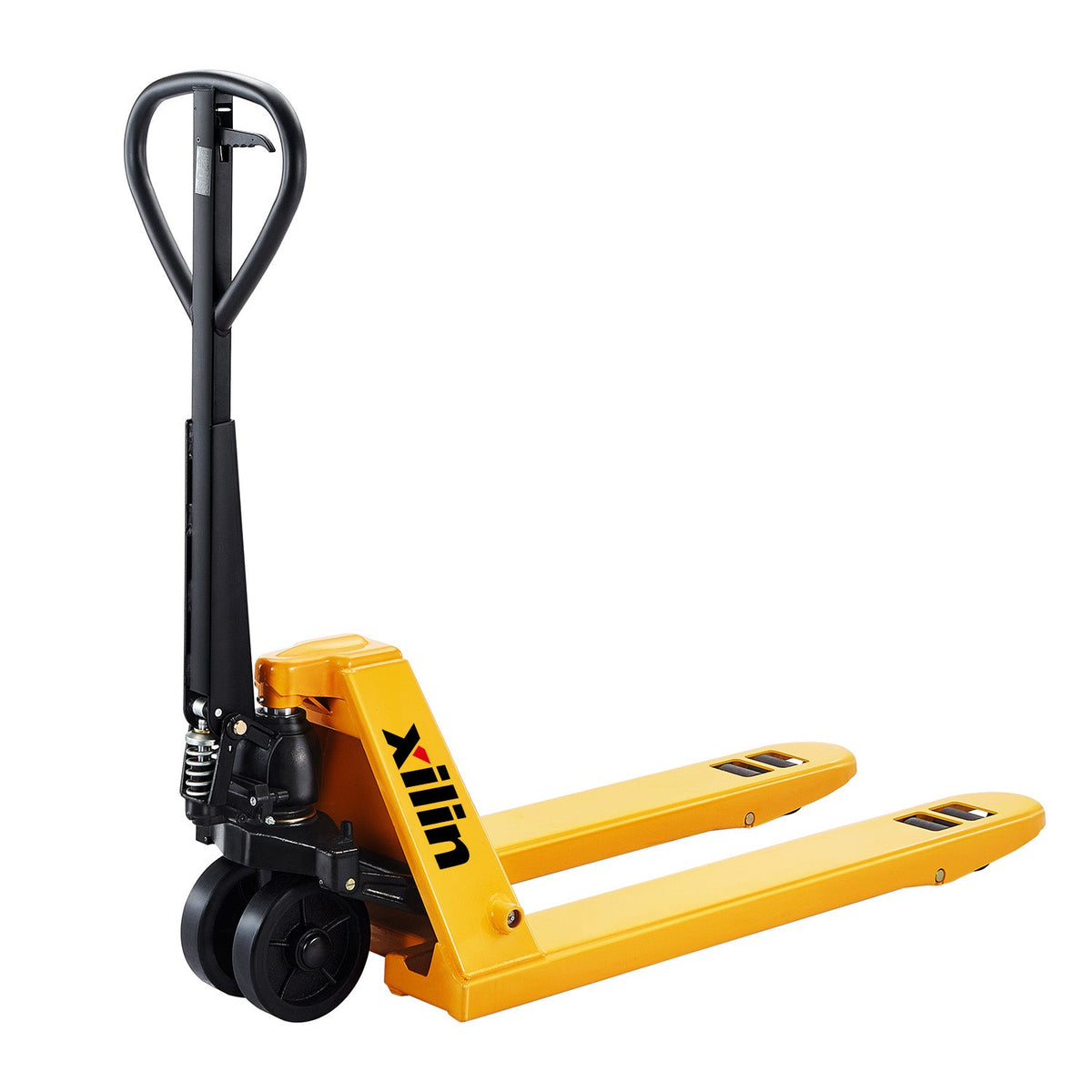 Manual pallet jack with yellow forks and black handle, two large steering wheels