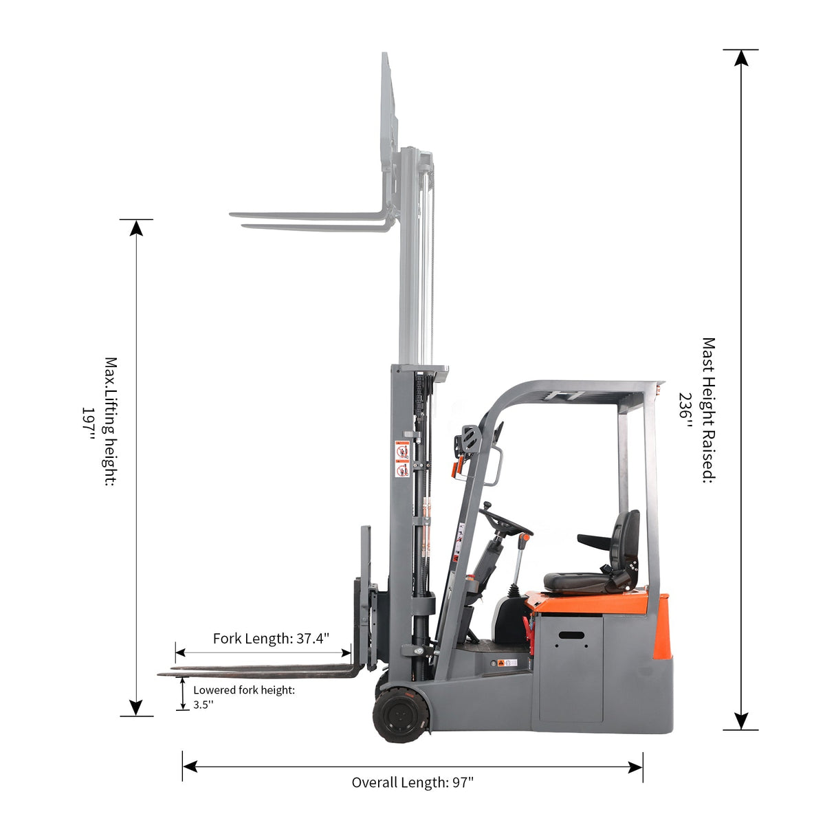 3300lbs 197 inch Lead Acid Battery 3 Wheel Electric Forklift CPD15SE-197 – official product image 3