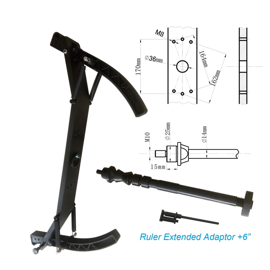 Black motorcycle wheel adaptor accessory with clamp stand and extendable shaft