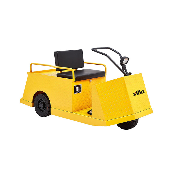 Yellow tow tractor with black seat, front scoop body, and xilin side badge